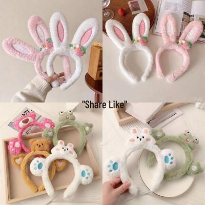 Очаровательная плюшевая повязка на голову с кроличьими ушками-сердечками для умывания лица - Милый мультяшный аксессуар для волос