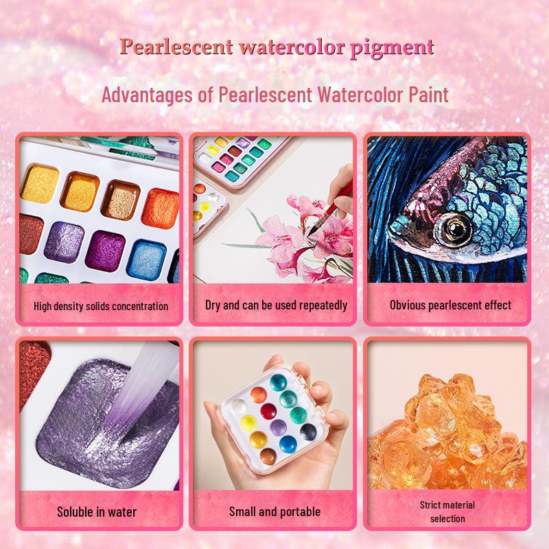 Rubens Pearlescent Watercolor Set - 12 or 24 Solid Pigment Colors for Art and Nail Designs