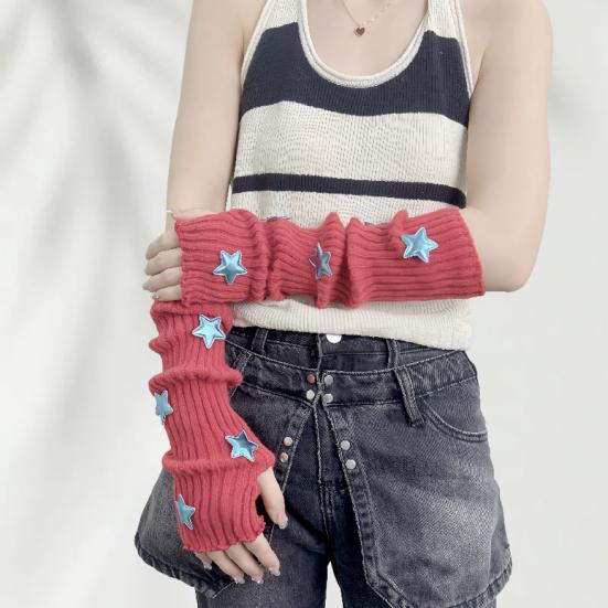 Вязаные митенки для девочек, длинные перчатки до запястья без пальцев, зимние нарукавники со звездой и отверстием для большого пальца для женщин, уличная одежда, вечеринки