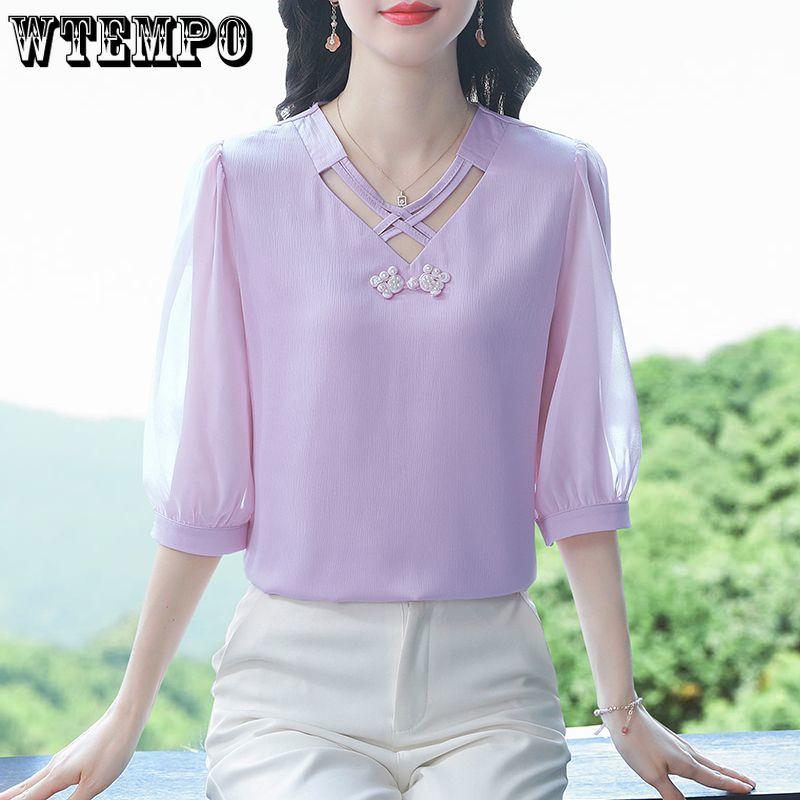 Women's Summer Shirts Fashionable and Western Design with Seven Sleeve Chiffon Style Small Top