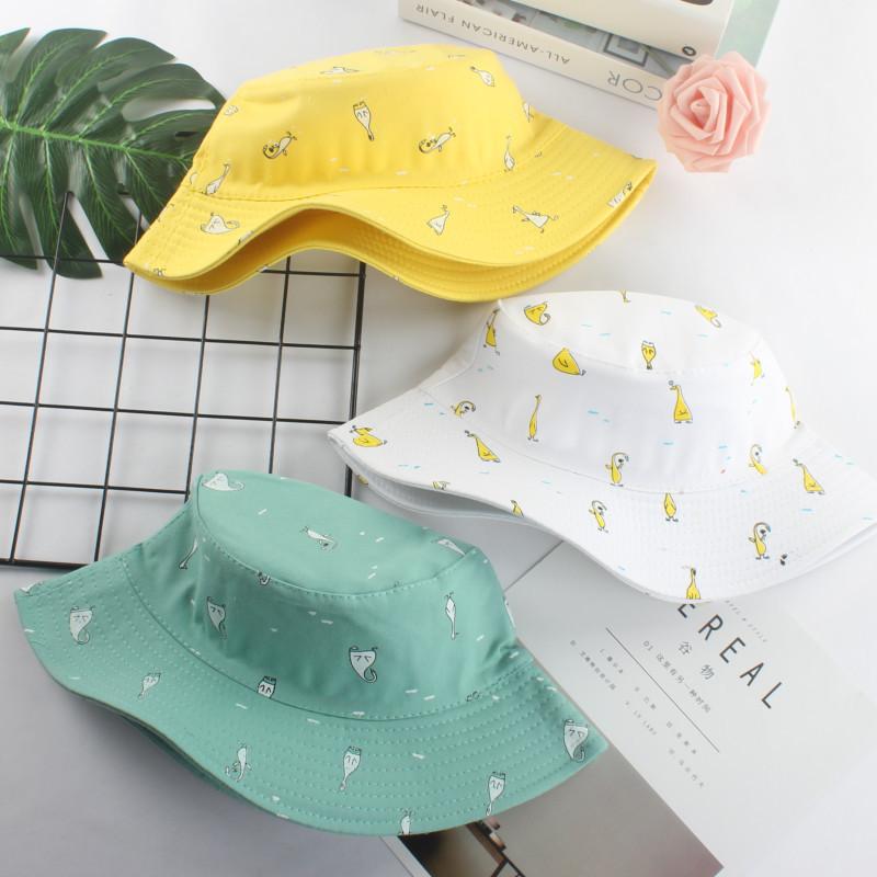 Bucket hat women's spring and summer versatile cartoon cute double-sided basin hat travel outdoor literary sun protection hat