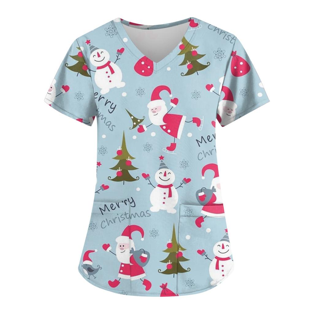 Женская мода с рождественским принтом и короткими рукавами с v-образным вырезом, маленькая рабочая футболка с карманами
