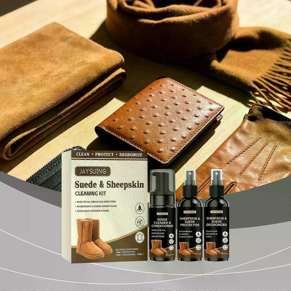 Suede & Sheepskin Cleaning Kit - Foam Cleaner & Conditioner, Water & Stain Protector, Deodorizer, Eraser, Brushes & Cloth less