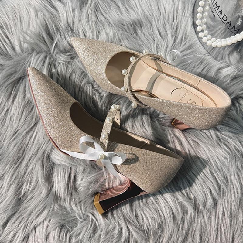 Elegant Trendy Princess Style Pointed High Heels Women's Shoes Light Luxury Versatile Fine Heels  Single Dreamy Fashionable