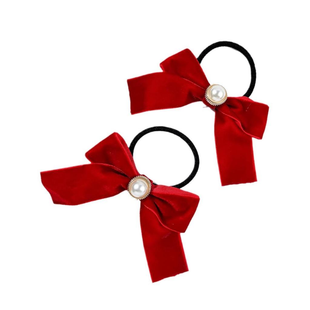 South Korea Pearl Velvet Bow Hair Tie - Sweet Retro Double Ponytail Accessory