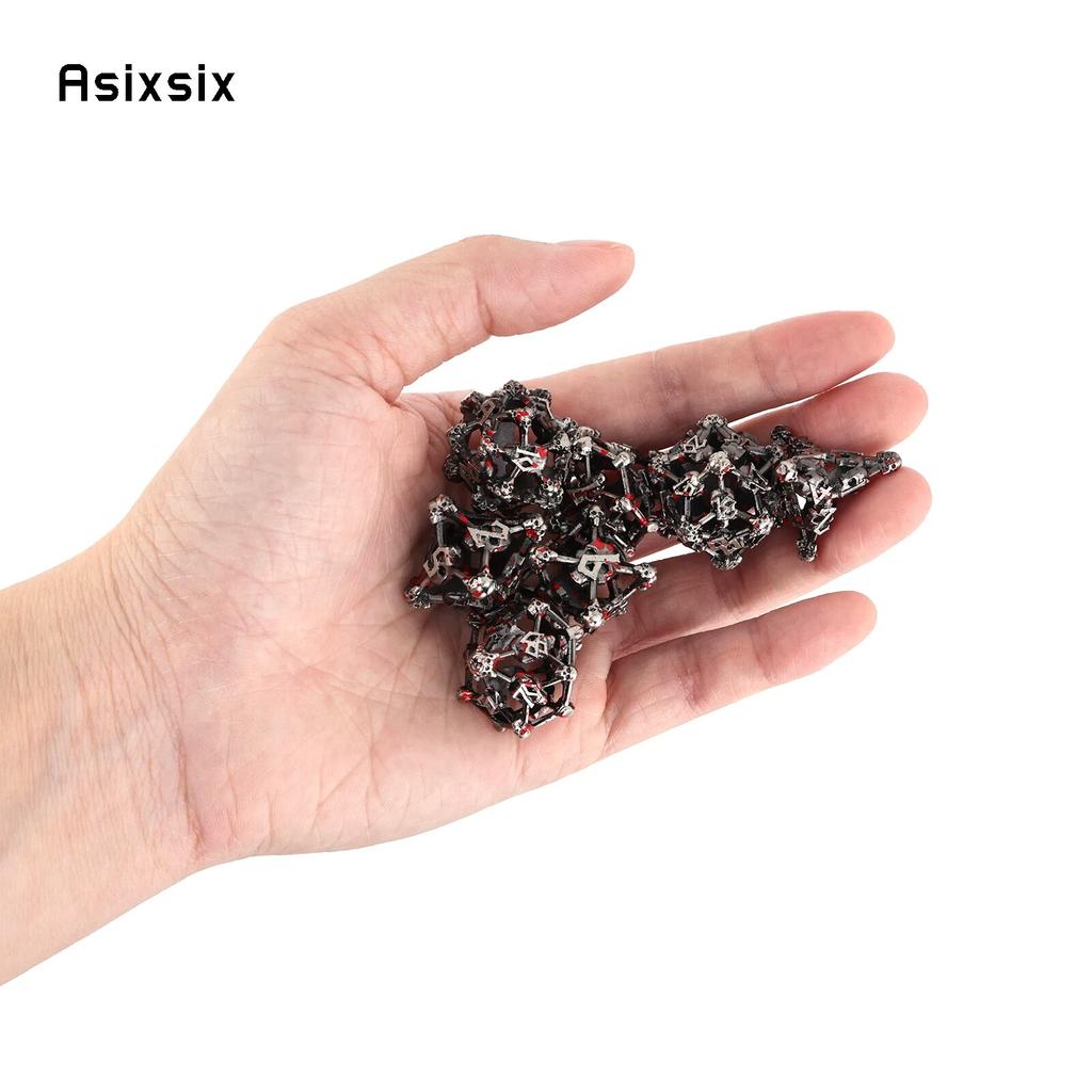 7 Pcs Silver Red Skull Head Metal Dice Hollow Metal Polyhedral Dice Set Suitable for Role-Playing RPG Board Game Card Game