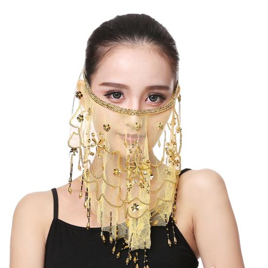 Performance Veil Flower Sequins Beads Decor See-through Lace Belly Dance Tribal Face Veil Breathable Fabric Adjustable Strap Indian Dance Veil