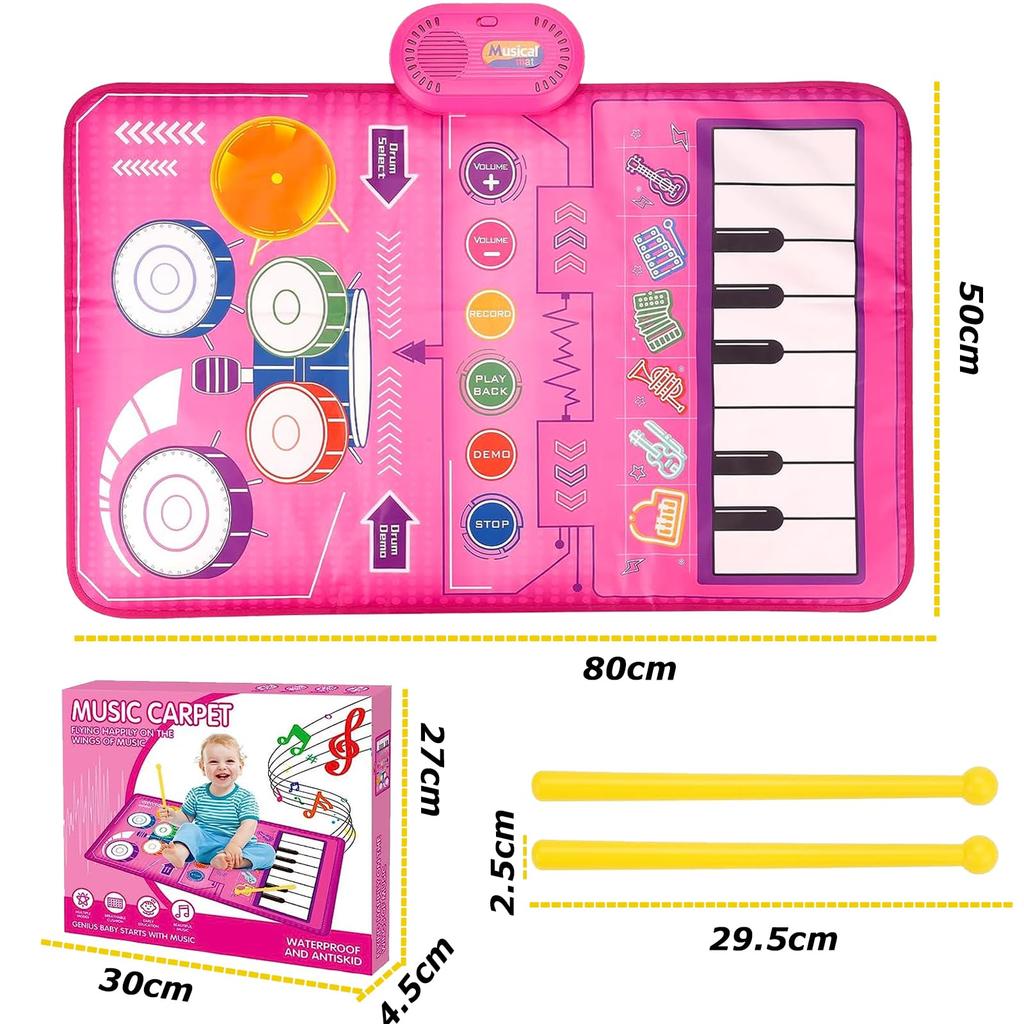 Kabeila Piano Mat Toy Drum Set for Birthday Popular Toy Musical Foldable Music 13 Demo 6 Instrument Recording and Playback Educational Toy for Girls