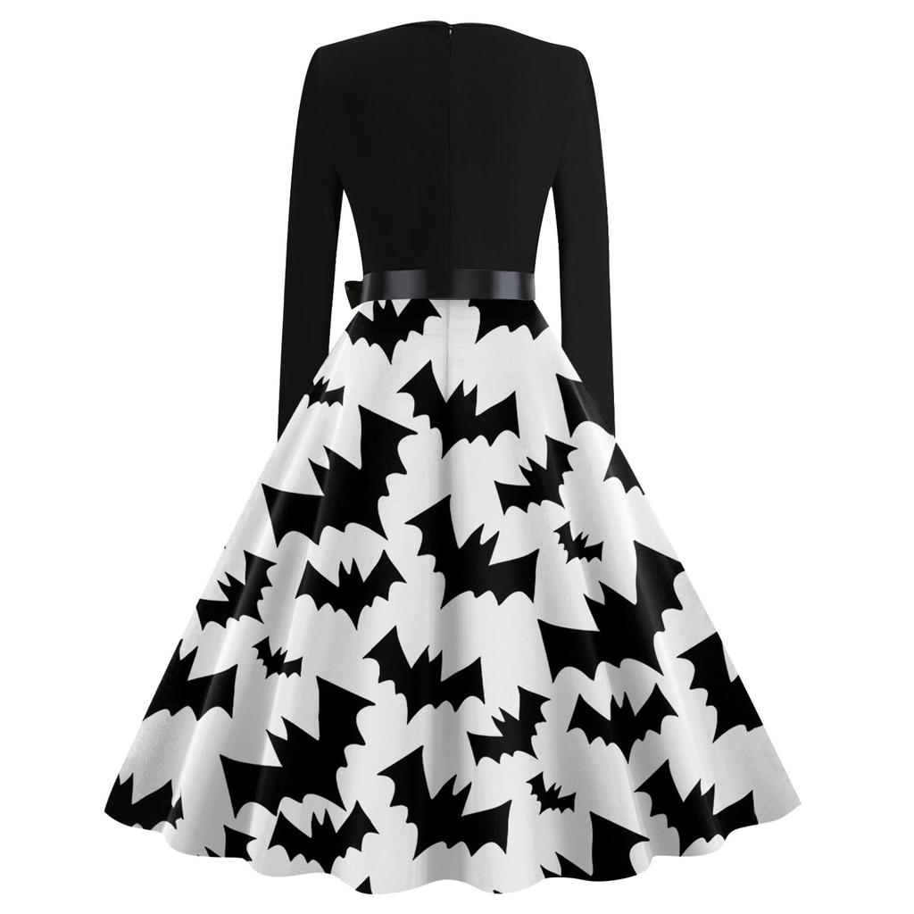 Женское платье с расклешенным принтом на Хэллоуин с длинным рукавом и круглым вырезом, вечерние повседневные платья