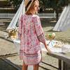 Summer Women Dress Bohemian Style Floral Print V Neck Lace-up Drawstring Long Sleeves Patchwork