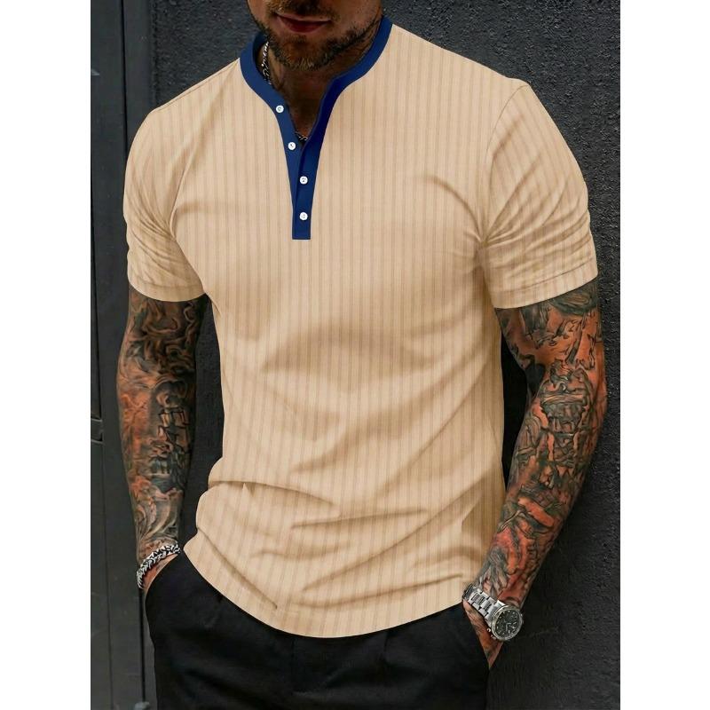 Мужская повседневная полосатая рубашка-henley с коротким рукавом и пуговицами