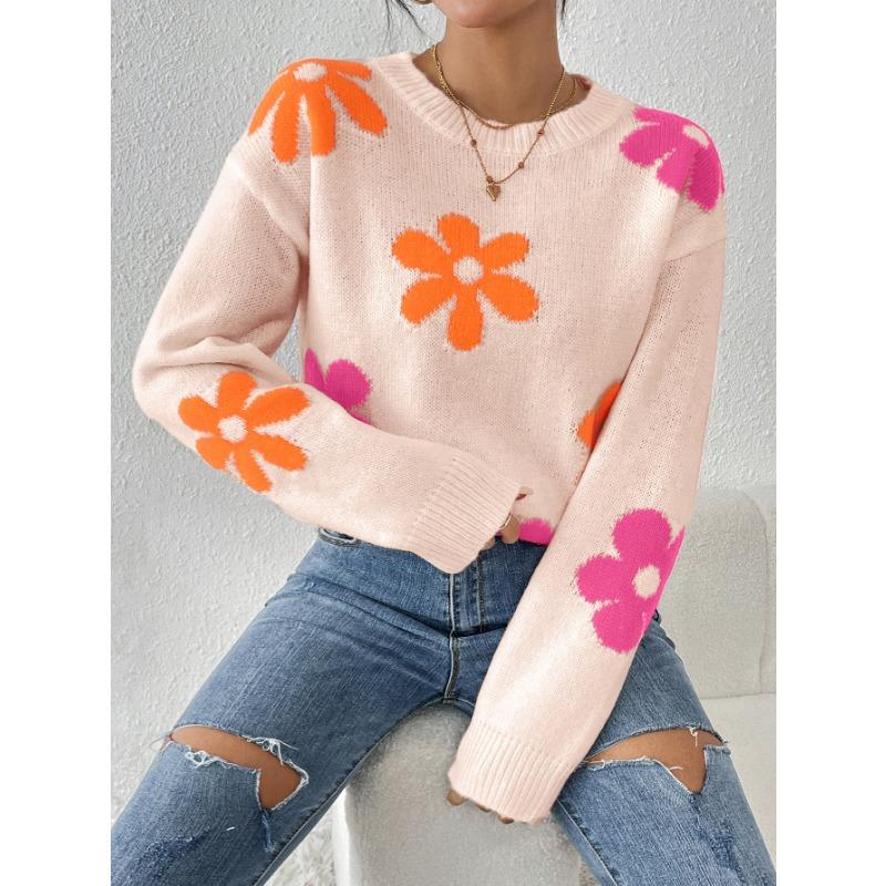 Женский осенне-зимний вязаный свободный свитер с круглым вырезом и цветной аппликацией