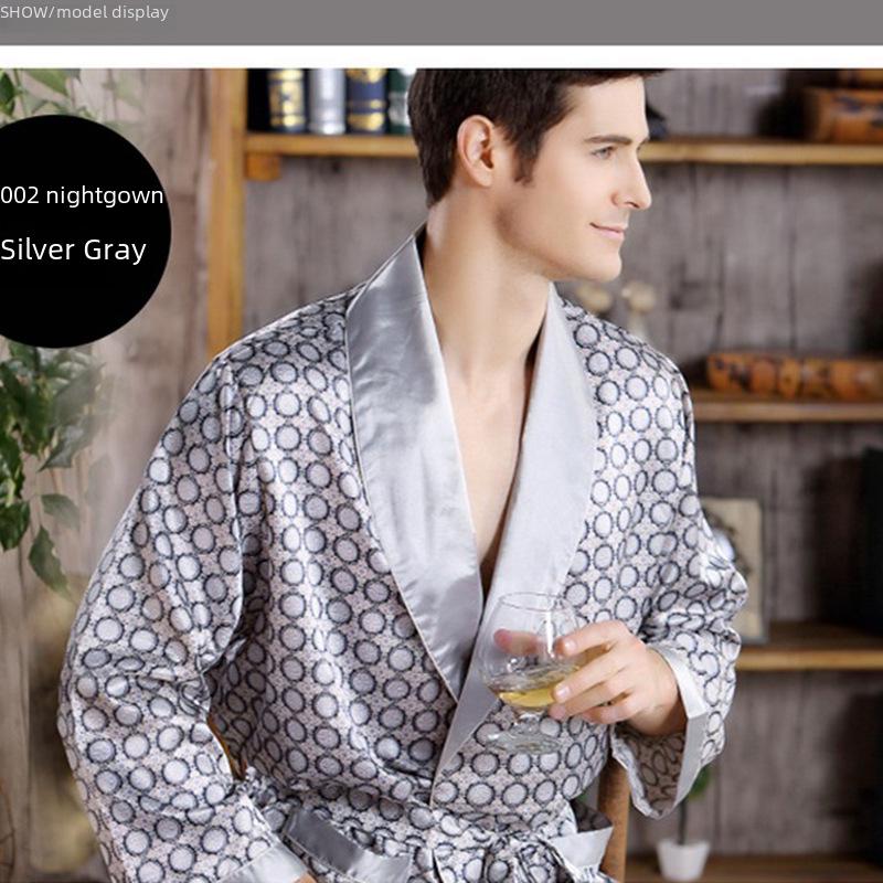 Men's Plus Size Long-Sleeve Silk-Like Summer Robe and Pajamas