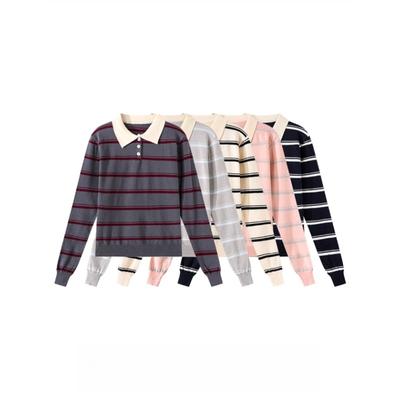 Новый дизайнерский полосатый вязаный свитер с воротником поло для женщин на осень и зиму, универсальный, стройнящий и облегающий фигуру топ с длинным рукавом