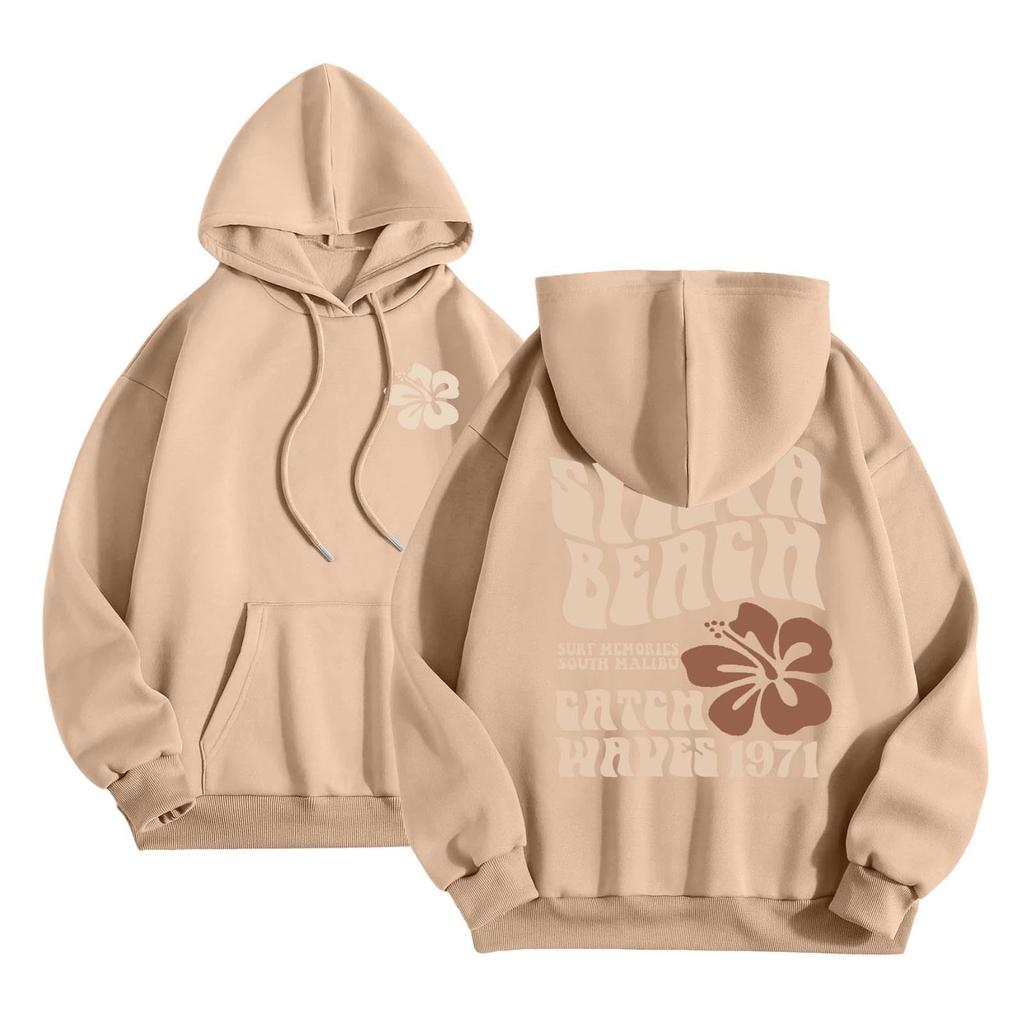 Women's Fashion Long Sleeve Sweatshirt Letter Printed Hooded Drawstring Pullover Oversized Pocket Sweatshirt Top