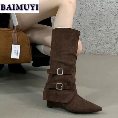 Высокие сапоги с острым носком, женские, сексуальные, на высоком каблуке, зимние, замшевые, зимние, туфли на танкетке, дизайнерские, 2025 года, тренд, средняя длина голени, Botas Mujer