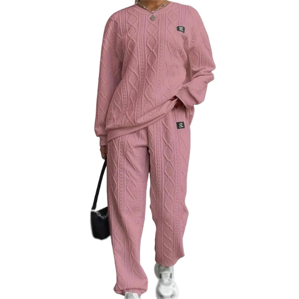 Women's Fashion Color Round Neck Long Sleeve Top Elastic Waist Casual Pants Set