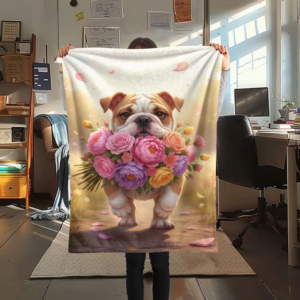1Pc DogsandFlowers Print Flannel Blanket, High quality Comfortable for All Seasons, Home Decor, Warmth and Comfort, Perfect for Christmas Gifts