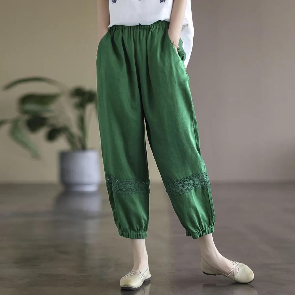 Women's Retro Lace Patchwork Summer Cotton and Linen New Cropped Pants Lantern Pants Design Sense Versatile Pure Cotton Casual Pants