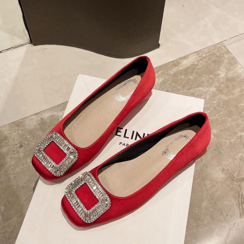 Новые красные свадебные туфли невесты женские туфли-лодочки роскошные атласные туфли со стразами квадратный носок толстый каблук свадебные шелковые туфли свадебная обувь