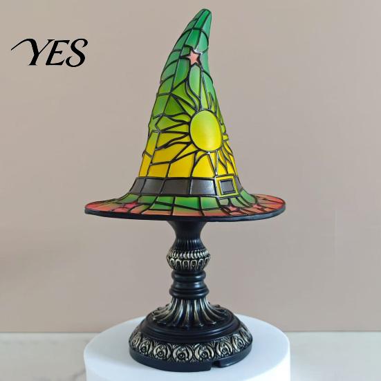 Halloween Nightstand Lamp Stained Glass Witch Hat Lamp, USB Powered Night Light for Bedroom Shelf Cozy Lighting Decor, Warm Glow Gothic Table