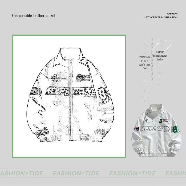 Мужская зимняя куртка 2024 года из искусственной кожи с вышивкой и воротником-стойкой — модный и повседневный американский стиль