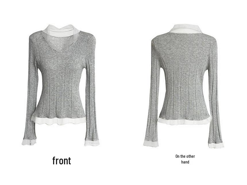 Lu Xi Women's V-neck Korean Style Mesh Patchwork Knit Top, Early Spring 2026 Collection