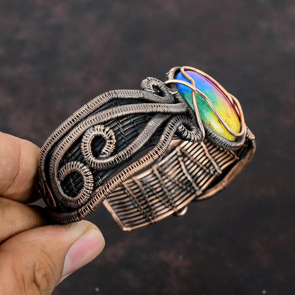 Rainbow Solar Quartz Druzy Bangle Copper Wire Wrapped Gemstone Cuff Bracelet Adjustable Bangle Handmade Bracelet Copper Jewelry Gift For Mom