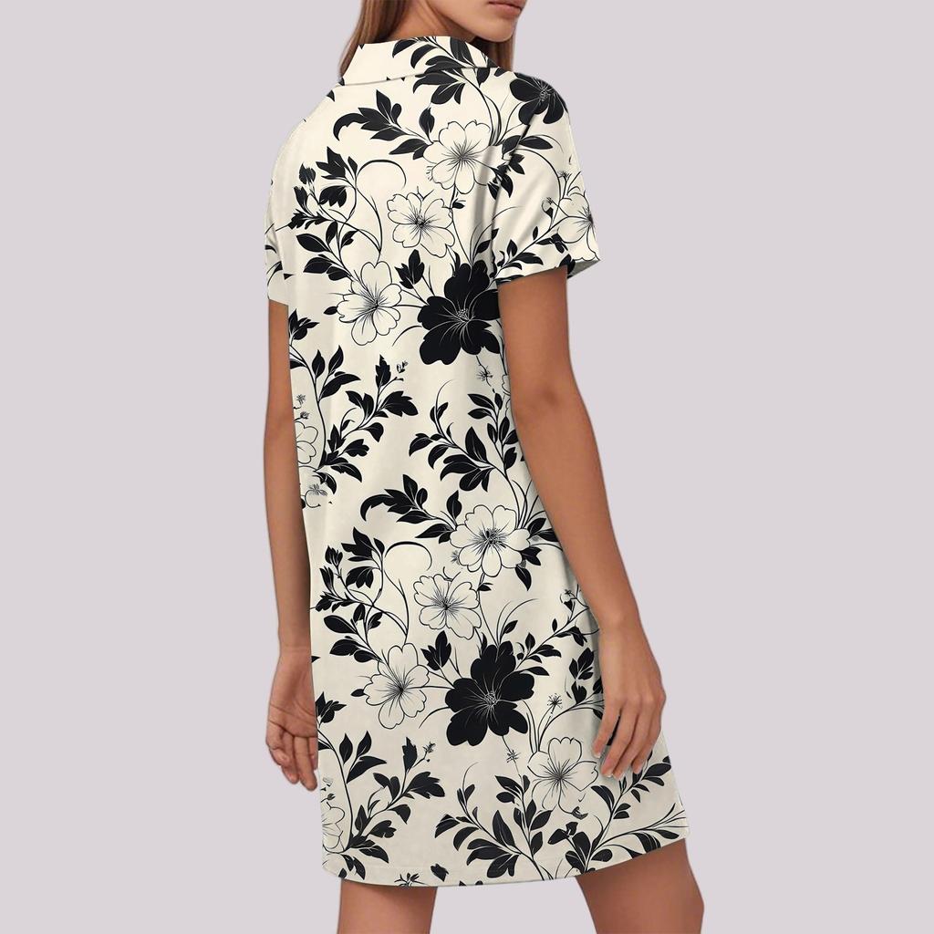 Women's Casual Fashion Lapel Floral Print Dress Short Sleeve V Neck Short Skirt