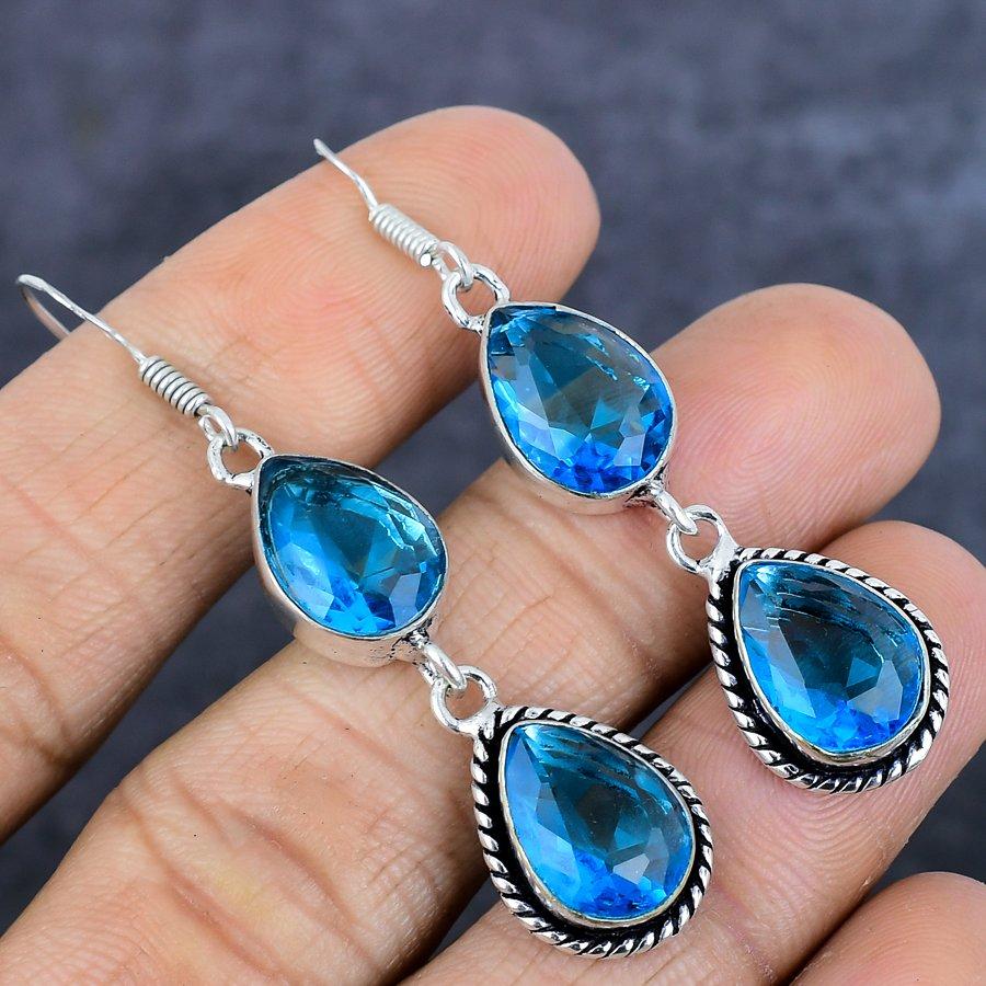Natural Swiss Blue Topaz Gemstone 925 Sterling Silver Jewelry Earring 2.32" a3U00