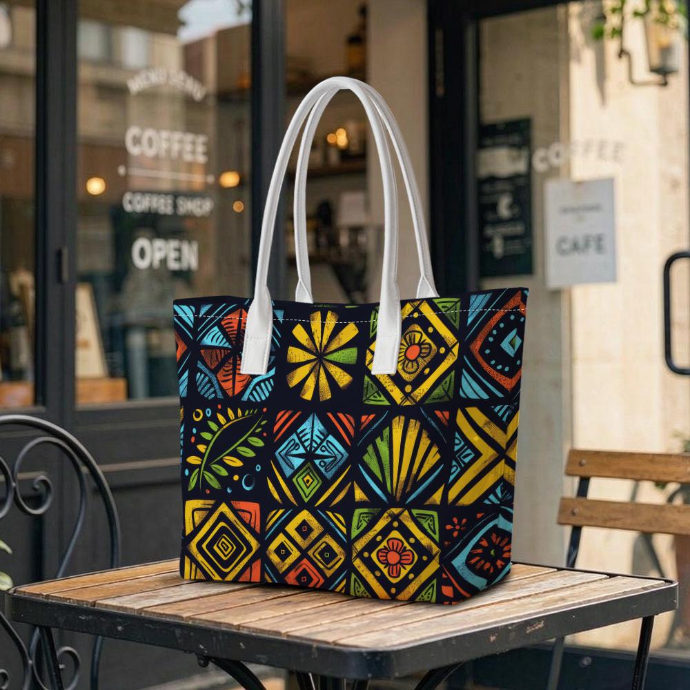 Vibrant Bohemian Tote Bag Geometric Print Casual Large Capacity Daily Carry Shoulder Handbag