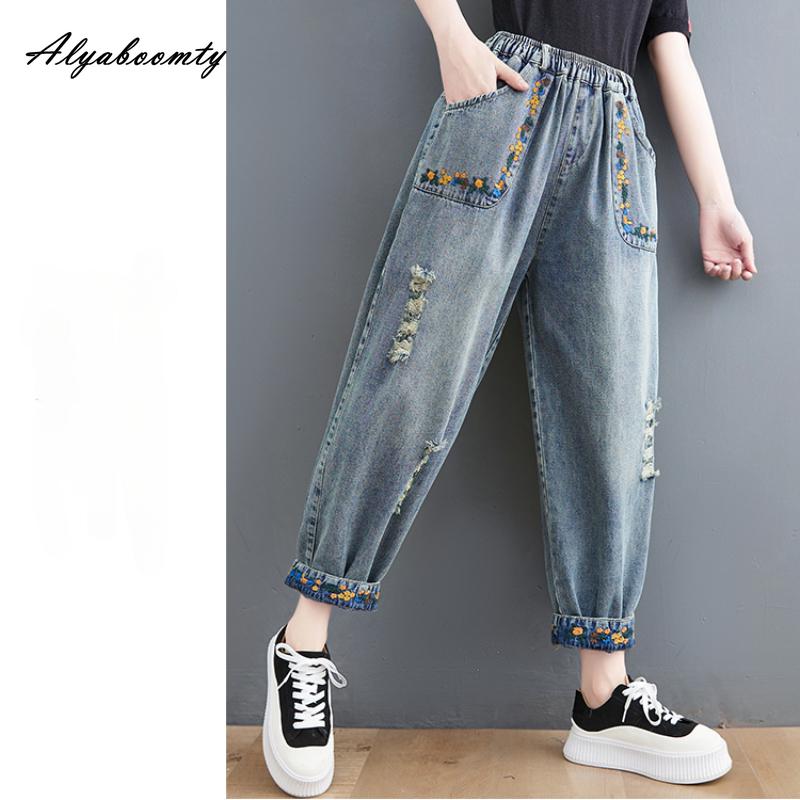 Корейский стиль, весна-осень, женские джинсы больших размеров с высокой талией, рваные дыры, повседневные свободные джинсы, винтажные карманы с цветочной вышивкой, джинсовые брюки