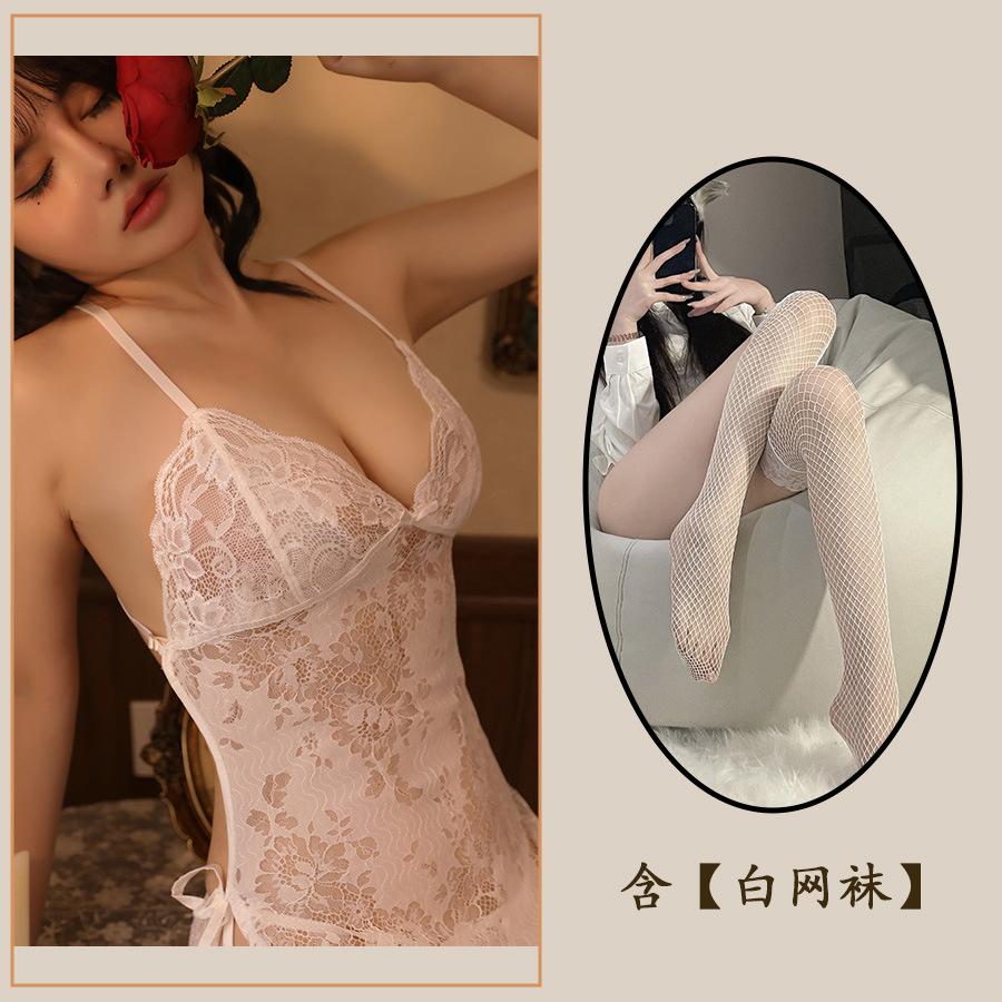 Sexy Underwear Lace Neck Gathering Slim Onesie Sexy Perspective Pure Desire Straps Hollow Pajamas Women