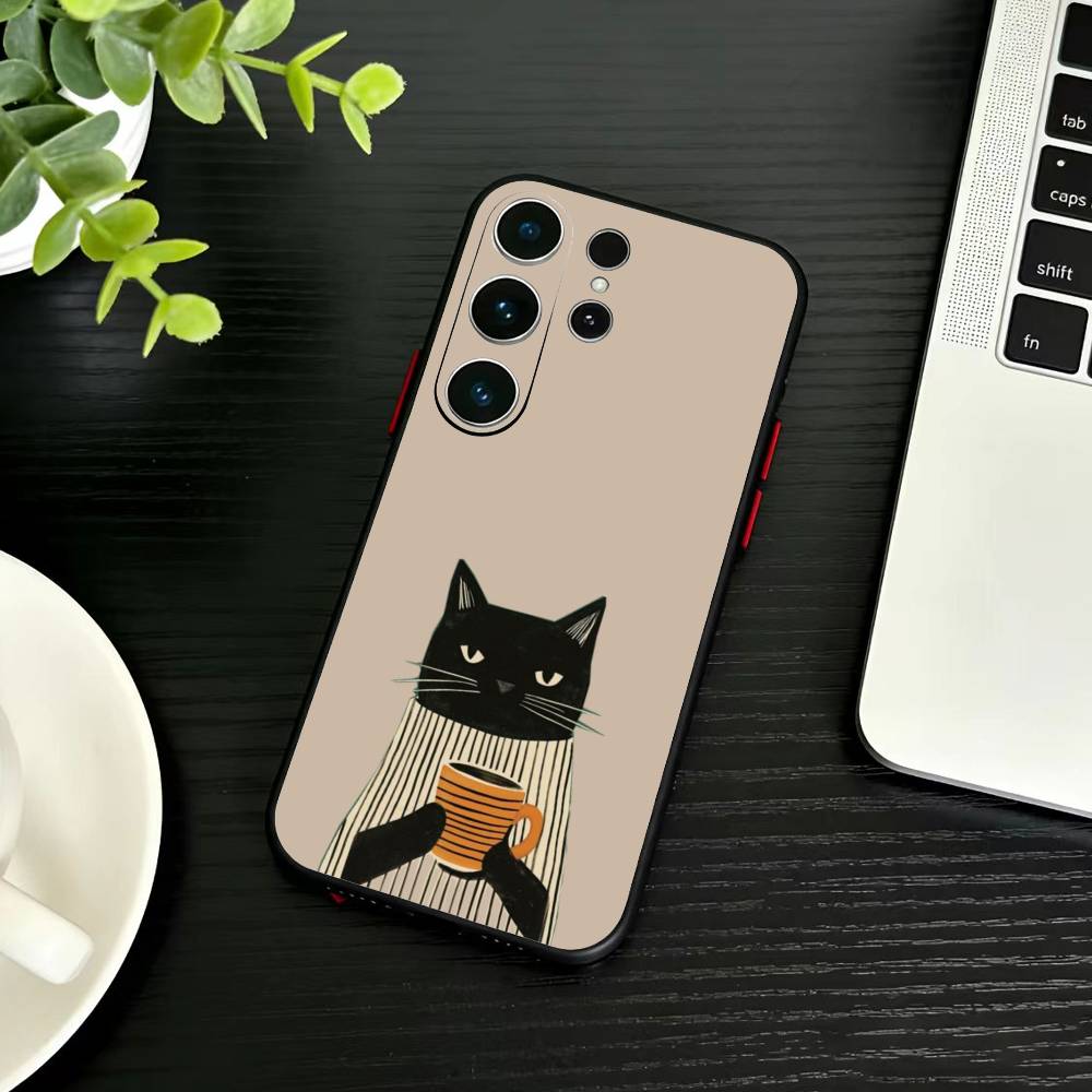 Полосатая рубашка Кофе Кот Чехол для телефона Для Samsung S26,S25,S24,S23,S22,S21,S20,Ultra,Plus,FE Черный Мягкий чехол