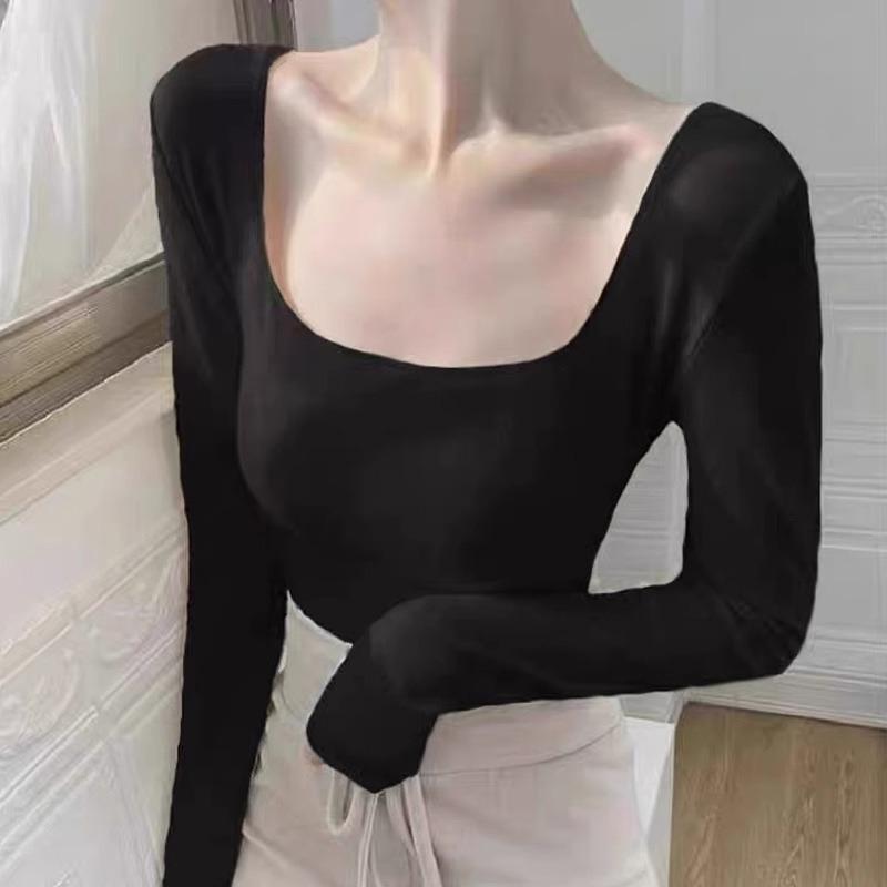 Топ с квадратным вырезом, открывающий ключицы, розовый, весенний, полированный внутри, с длинным рукавом, облегающий и тонкий, универсальная базовая рубашка с чистым желанием