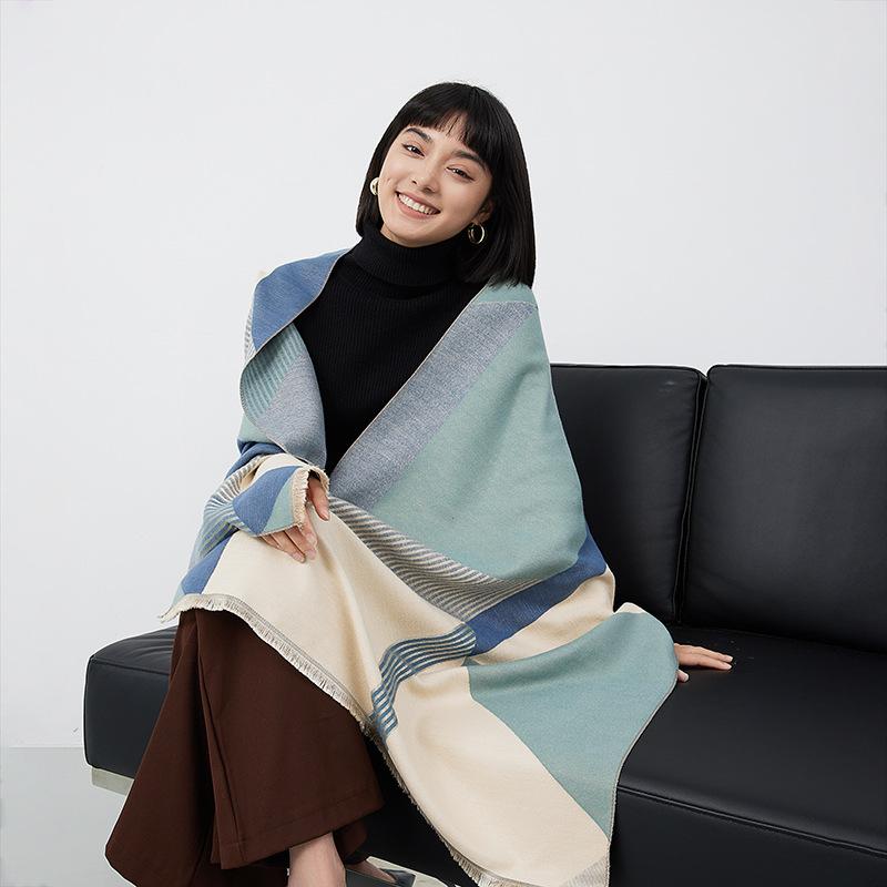 Autumn And Winter Cape Imitation Cashmere Air Conditioner Shawl Thickened Simple Warm Student Extended Plaid Double-Sided Scarf Female