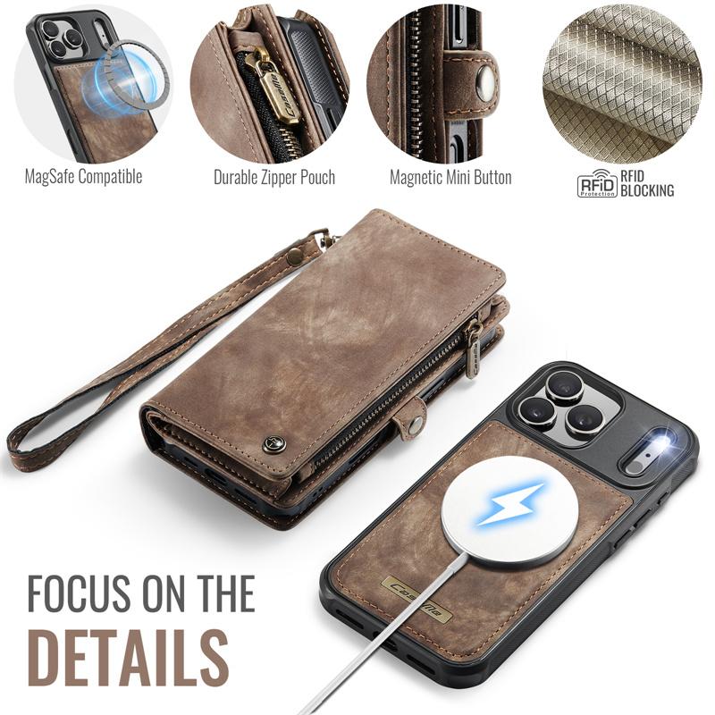CaseMe Магнитный кожаный чехол-книжка для телефона iPhone 17 Pro Max 17 Air 16 16E 15 Plus 14 13 12 11 XS X XR SE 2022 Кошелек на молнии Задняя крышка с держателем для карт Coque