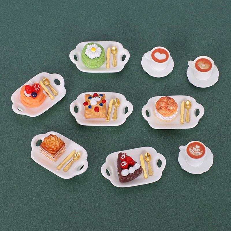 1 Set 1:12 Dollhouse Miniature Coffee Cup Cake Dessert Fork Spoon With Dinner Plate Kitchen Model Micro Landscape Decoration Toy