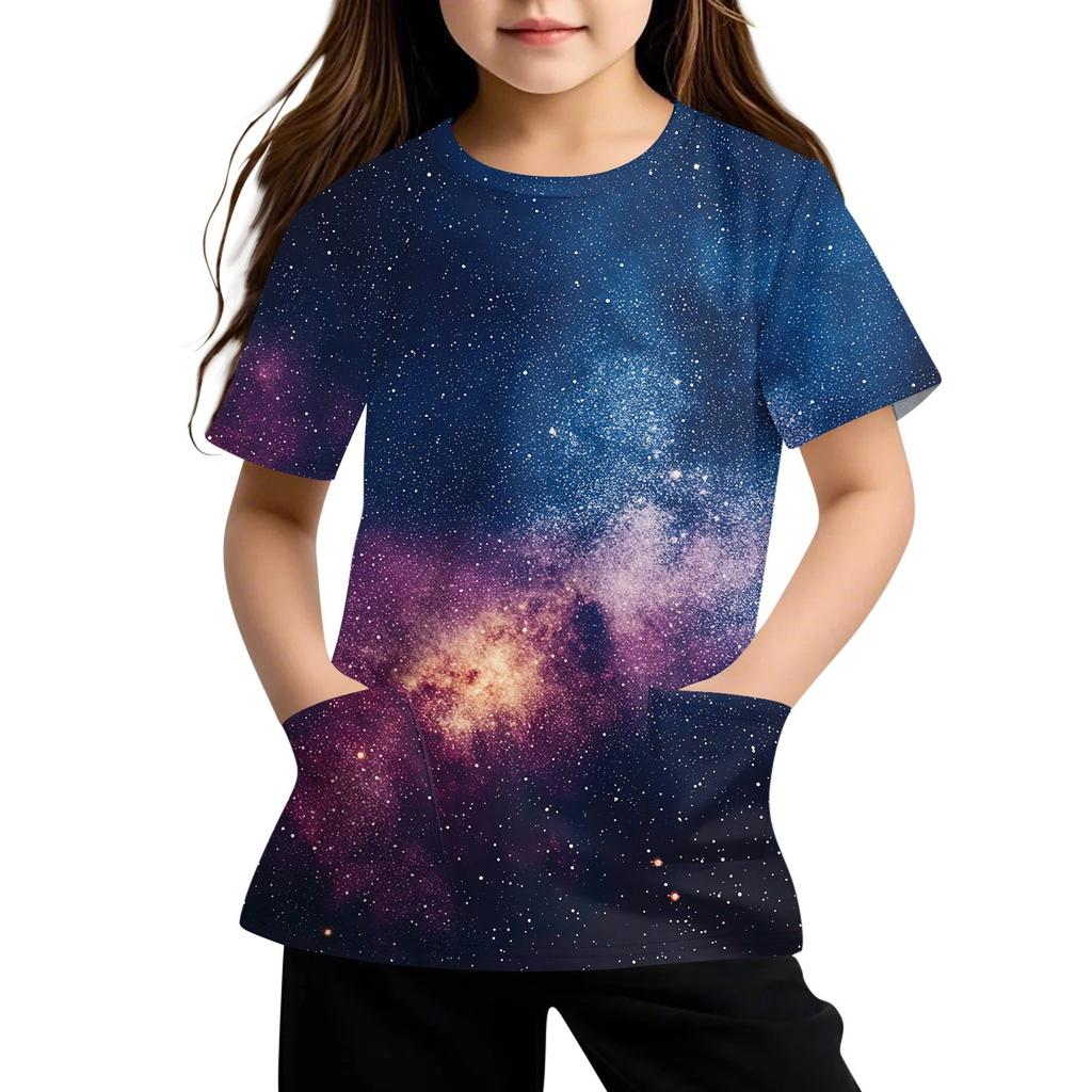 Детская футболка с короткими рукавами и карманами, повседневная футболка с принтом, круглый вырез, блузка-пуловер