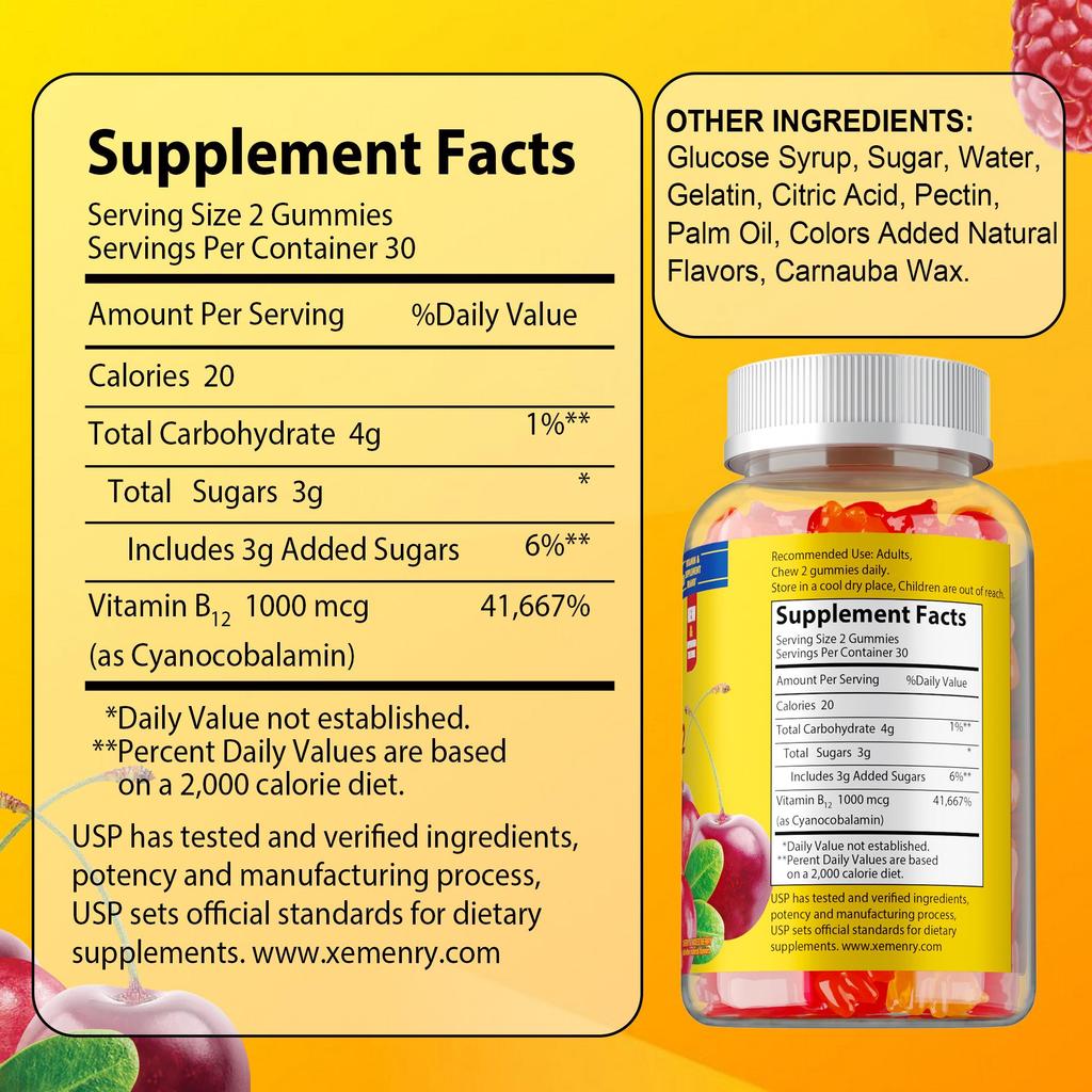 Pure Vitamin B12 Extract Gummies, 1000 micrograms per gummy, 100 gummy per pack, suitable for adults, non-GMO.