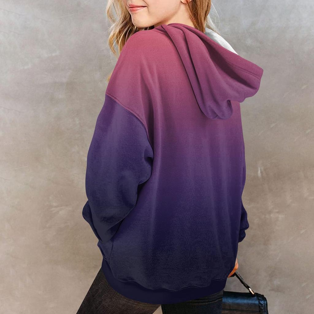 Girls Long Sleeve Printed Gradient Color Children's Hooded Pocket Sweatshirt