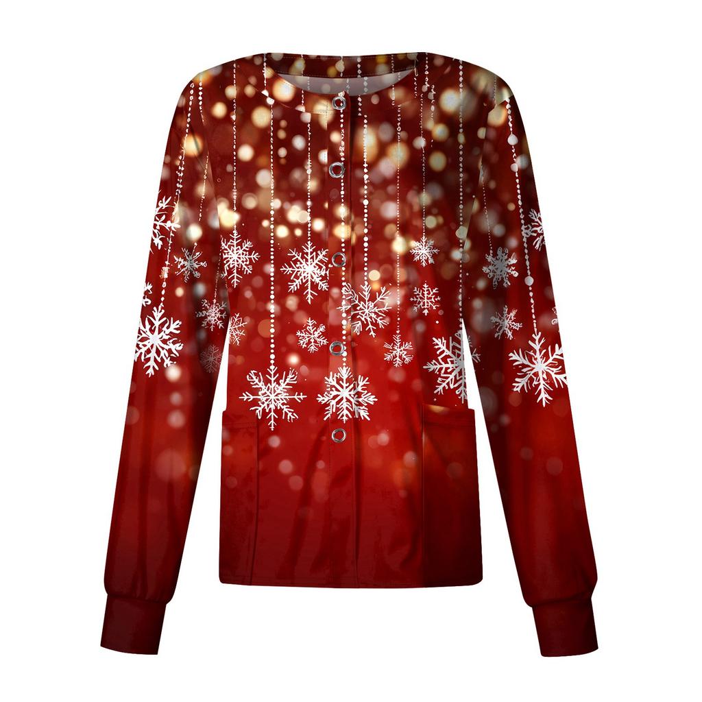 Women's Casual Long-sleeved Single-breasted Christmas Printed Protective Clothing Cardigan Top