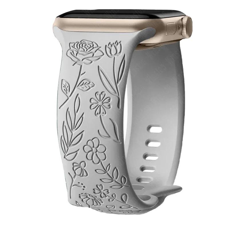 Ремешок с гравировкой и цветочным узором для Apple Watch Band Ultra 2 49/ 46/ 45/ 44/ 40/ 42 мм, браслет IWatch Series 10 9 8 7 6 SE 5 4