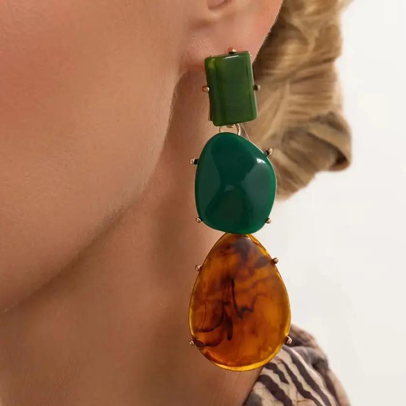 New Fashion Personality Geometric Resin Splicing Pendant Earring for Women Trendy Creative Waterdrop Shaped Piercing Ear Jewelry