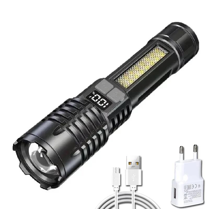 High Power LED Flashlights with Display Screen Portable Rechargeable Zoom Tactical Torch Lamp with Emergency Side Lights Lantern