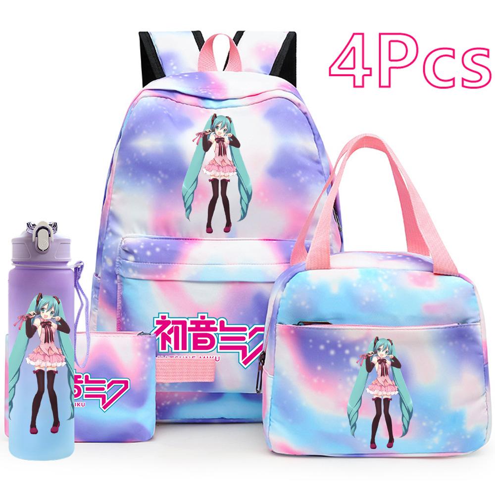 4 шт./комплект Рюкзак с принтом Хацунэ Мику, Сумка, Пенал, Бутылка для воды 750 мл для Подростка Мальчика Девочки, Большой Вместимости, Водонепроницаемый Школьный портфель, Дорожная сумка