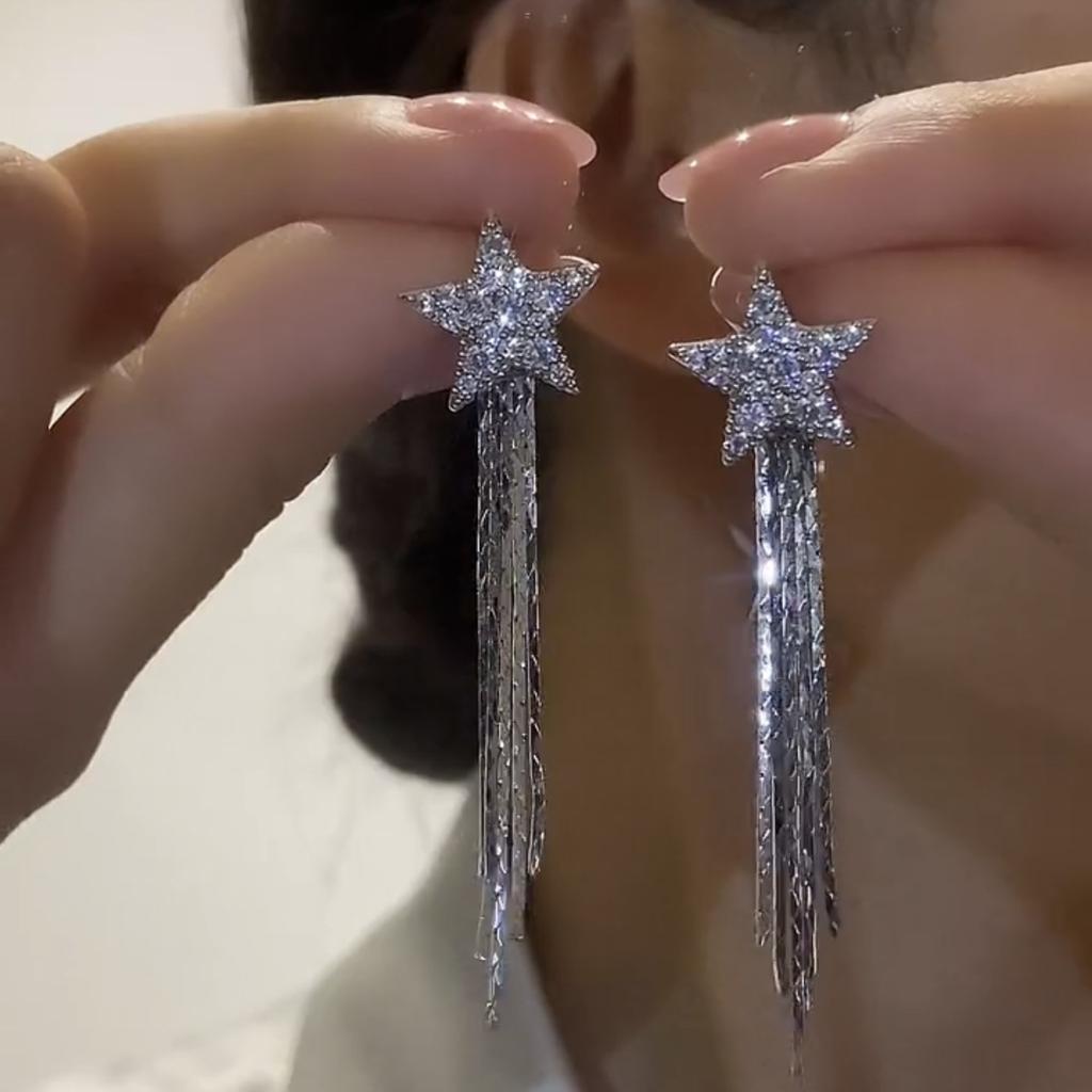 111 серебряная игла пятиконечная звезда бахрома серьги-гвоздики женские легкая роскошь нишевый дизайн высококачественные серьги модные серьги с темпераментом