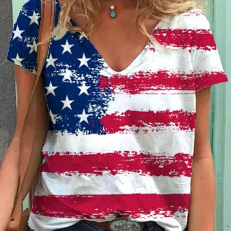 Summer V-neck 3D American Flag Printed Top Fashionable Casual Short Sleeved Women's T-shirts