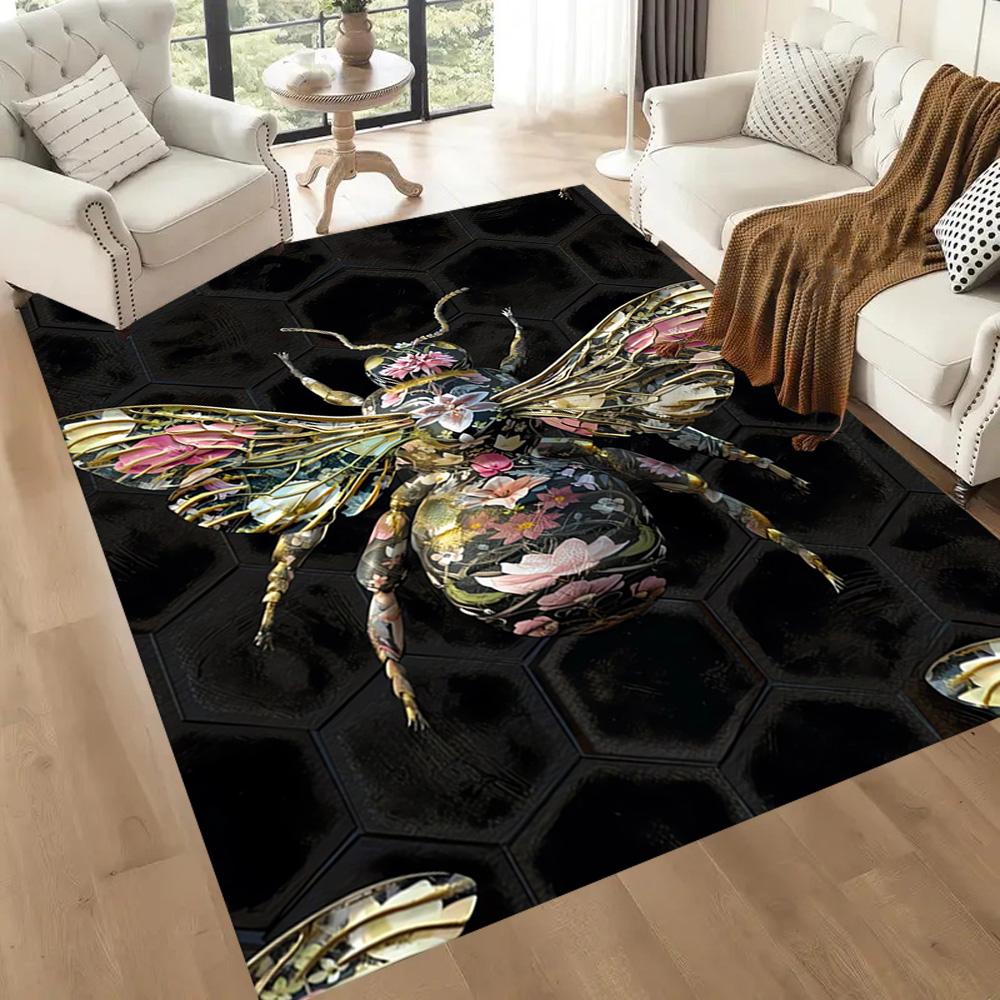 Golden Bees On Black Background Floor Mats for Living Room, Bedroom and Room Decoration Are Suitable for Gifts.
