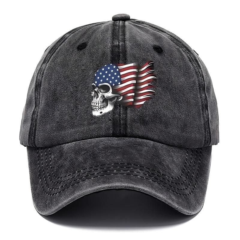 VintageStyle Washed Baseball Cap with American Flag Skull Print Adjustable Distressed Dad Hat for Men